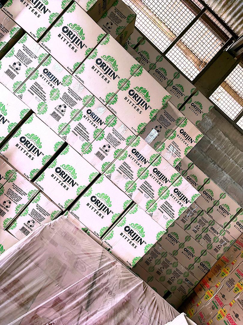 Orijin Bitters cartons in the warehouse